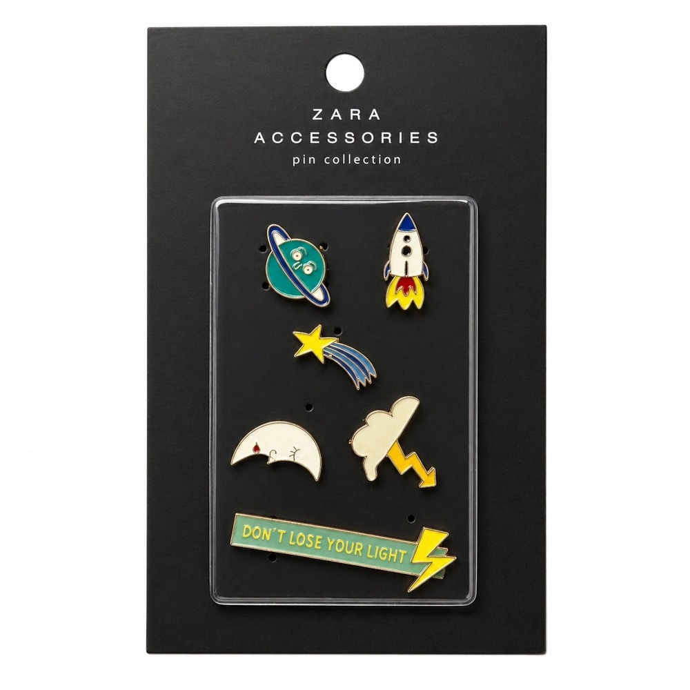 Zara Accessories Space Pin Collection Set of 5 NIP Moon Rocket Planet Star